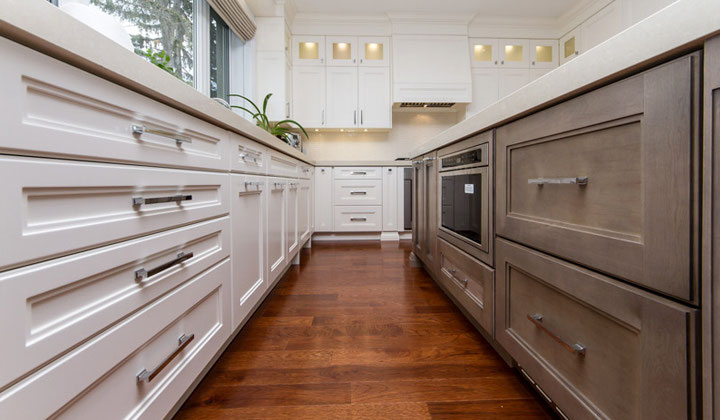 Custom kitchen cabinetry, Shutter style light gray kitchen
