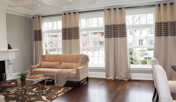 Living Room custom drapery set by Aspect Creative Agency, Toronto