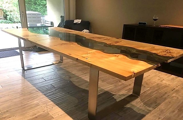 Real wood dining table with glass insert