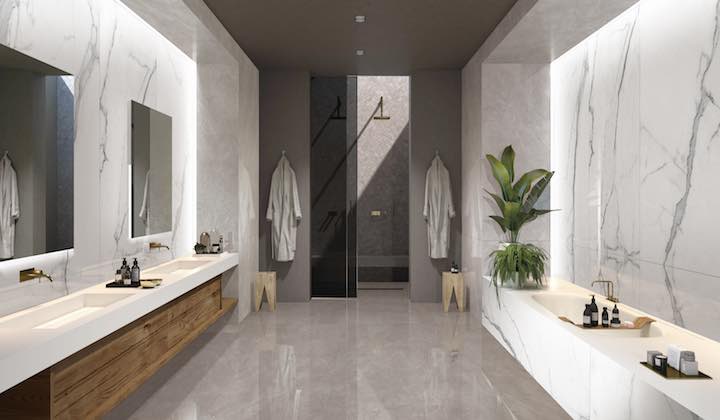 Max Slab, the Italian natural marble looking, revealing light grey on white, elegant and modern design