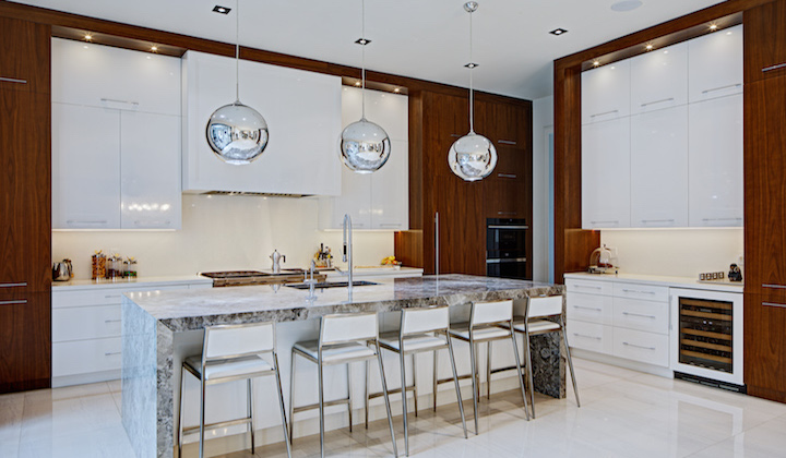 A contemporary kitchen design to showcase both high-gloss white finish and stained natural wood.