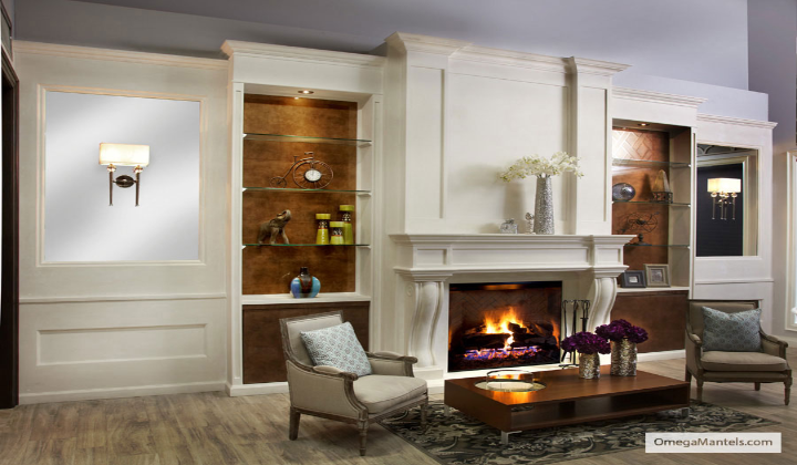 Custom Classic Stone  Fireplace Mantel  and Overmantel by Omega Mantels, Vaughan Showroom