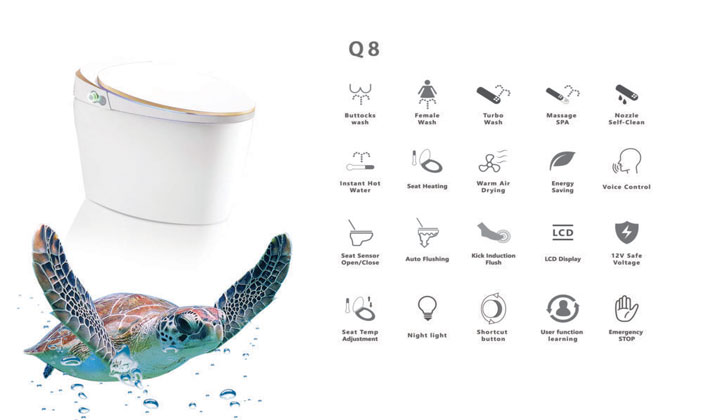 Compact, streamlined one-piece intelligent toilet with integrated personal cleansing.