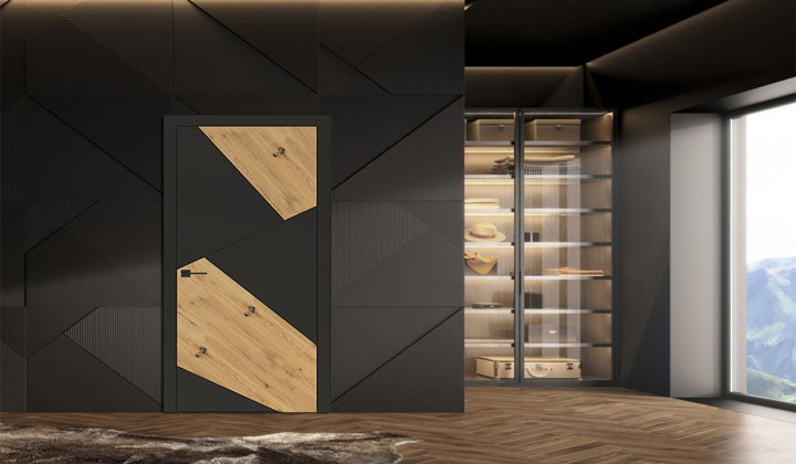 Black Matte Paint & Rustic Oak Veneer = Delightful I5 Model by Astori Interior Doors @ Trio Doors Showroom