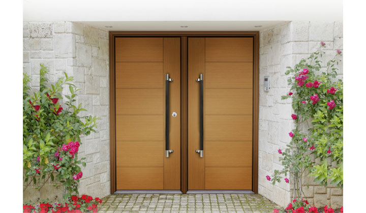 Teak Textured Fiberglass Double Entry Doors